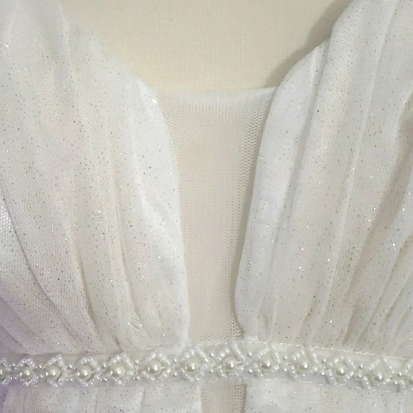 Ivory Sparkly Beaded Plunge Prom Evening Wedding Gown - Picture 4 of 11